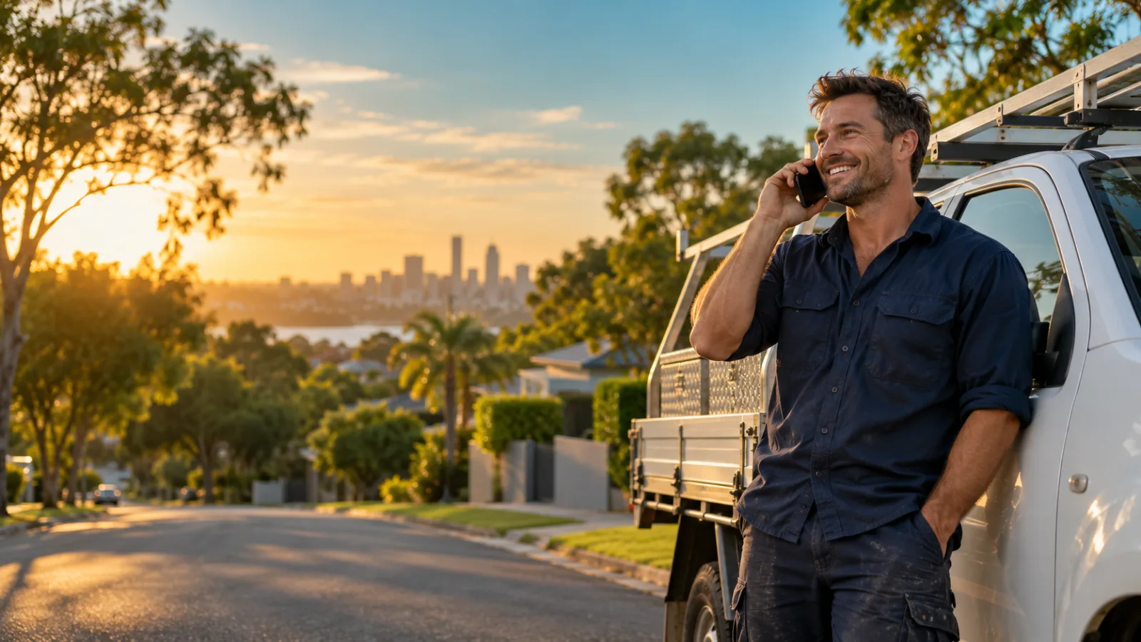 Tradesman answering a customer call beside his ute on a Brisbane street